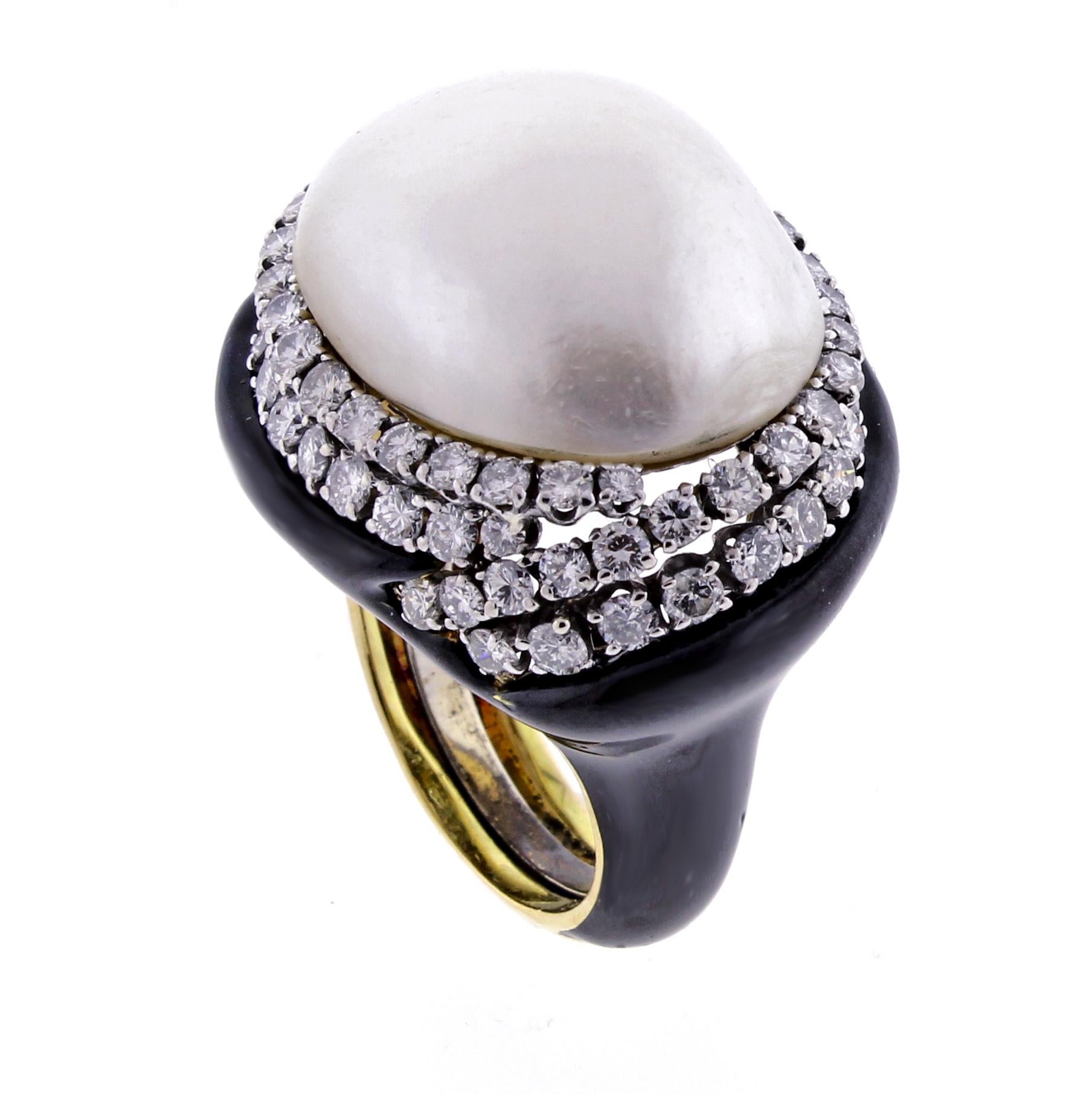 Women's or Men's David Webb Black Enamel Mabé Pearl and Diamond Ring