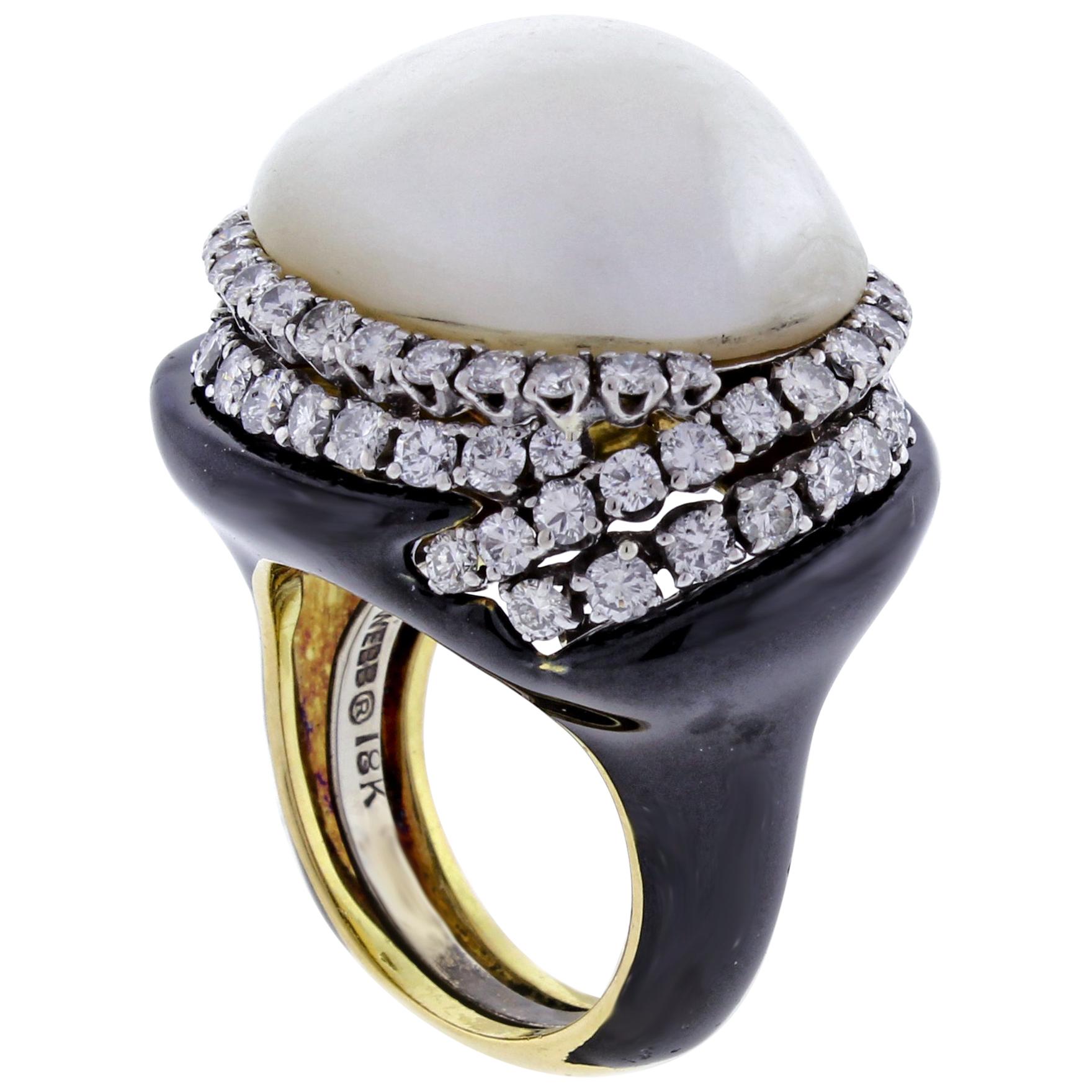 David Webb Black Enamel Mabé Pearl and Diamond Ring