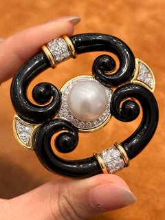 David Webb Black Enamel, Pearl and Diamond Brooch, 1980s