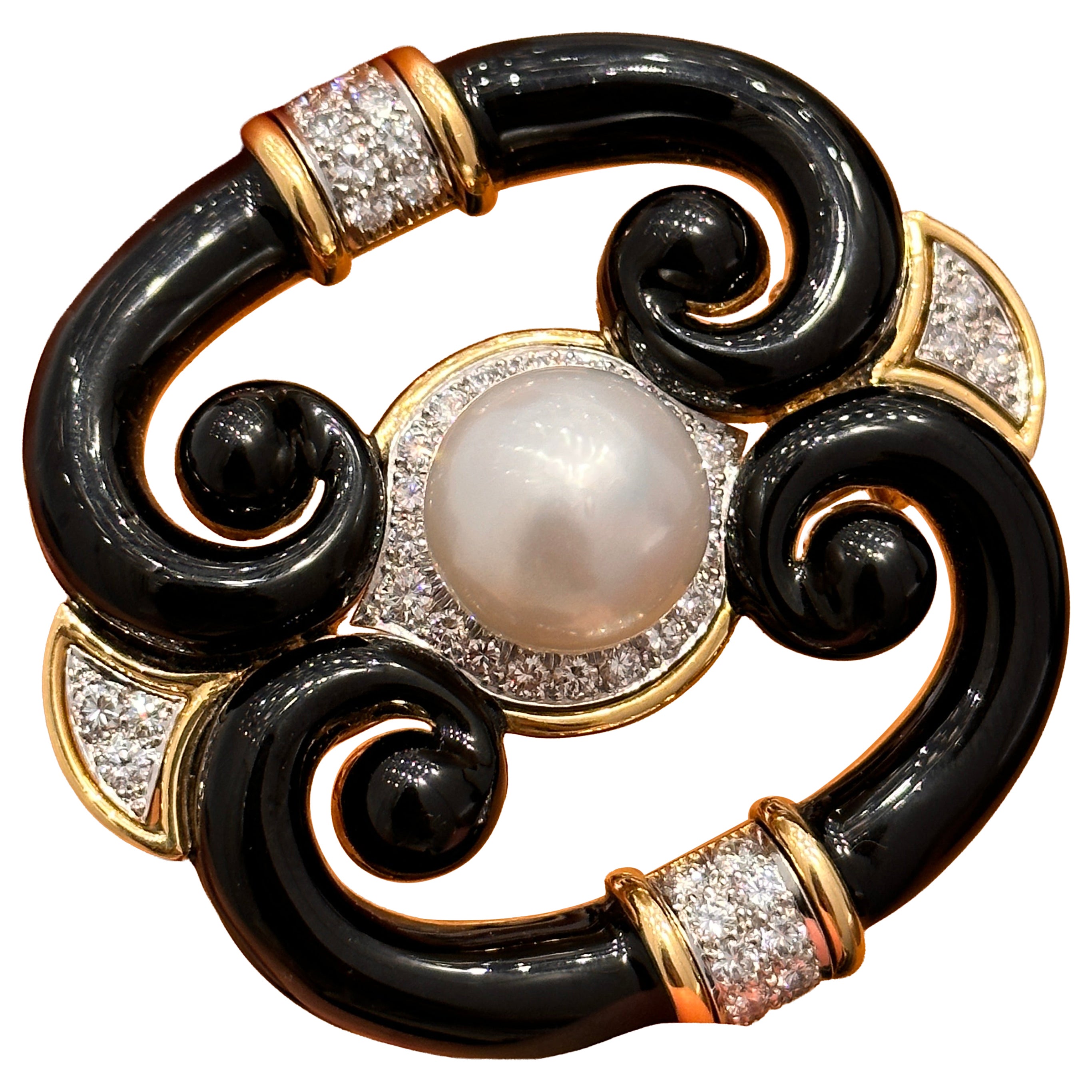 Pre-owned David Webb Black Enamel, Pearl And Diamond Brooch, 1980s