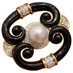David Webb Black Enamel, Pearl and Diamond Brooch, 1980s