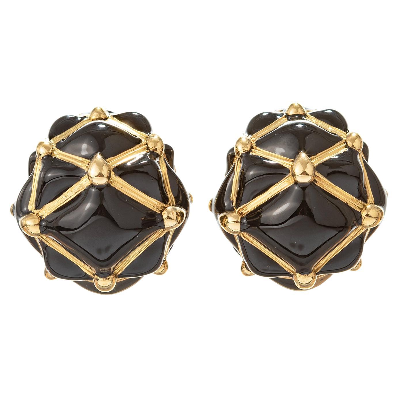 David Webb Black Enamel Pyramid Trellis Dome Earrings For Sale