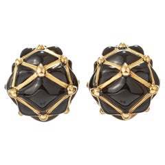 David Webb Black Enamel Pyramid Trellis Dome Earrings