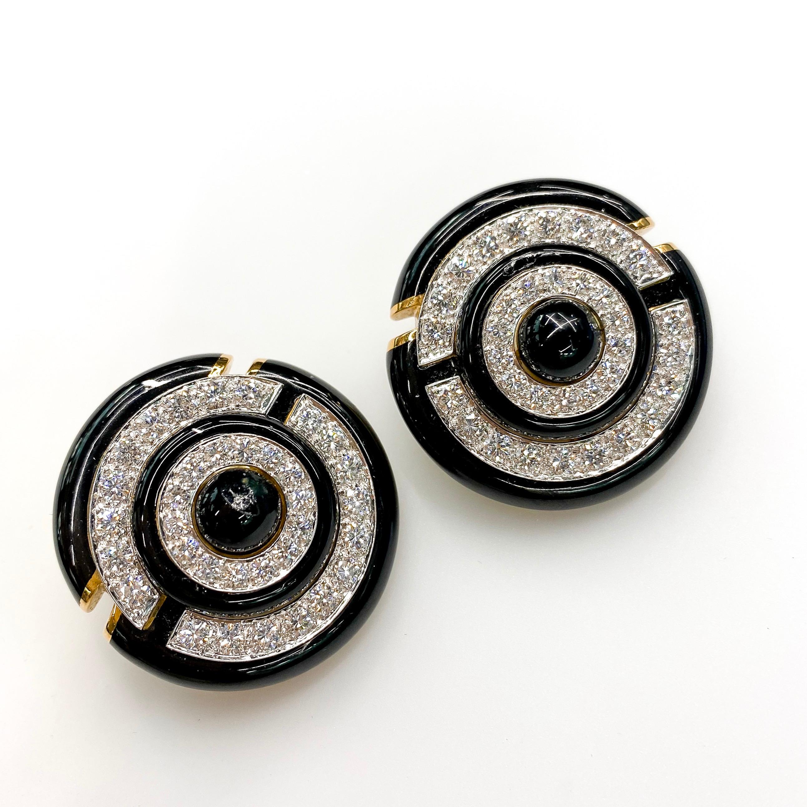 David Webb Black Enamel Round Diamond Clip-On Earrings For Sale 1