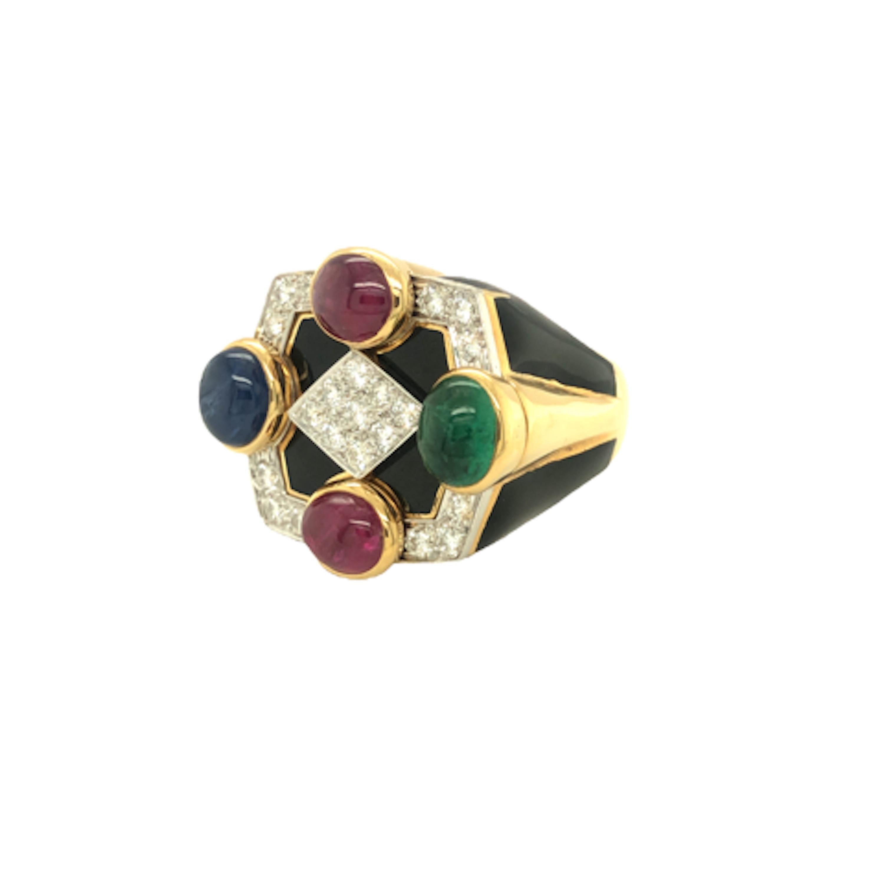 David Webb: 18 Karat Gelbgold Ring mit schwarzer Emaille, Rubin, Smaragd, Saphir und Diamant (Cabochon) im Angebot
