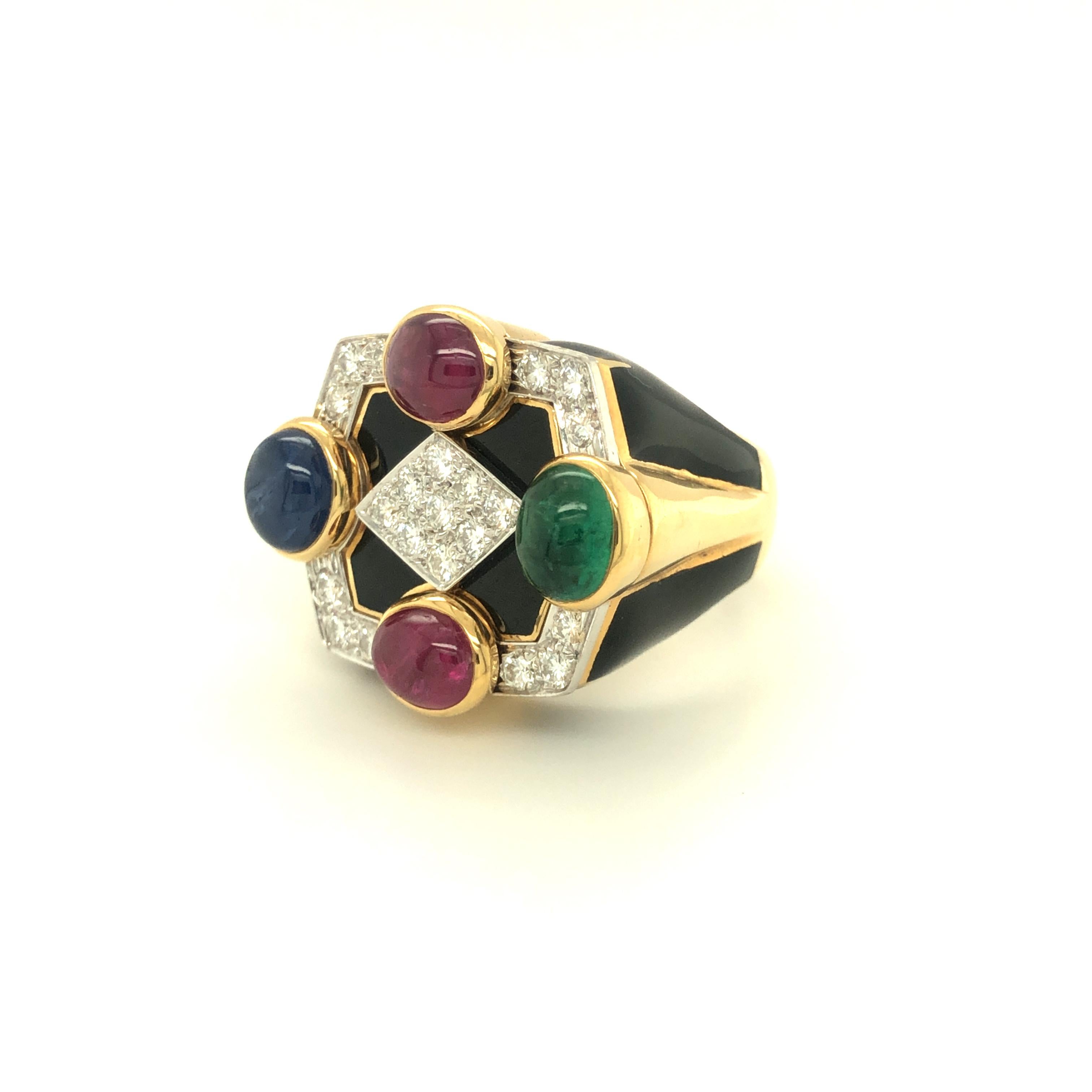 David Webb: 18 Karat Gelbgold Ring mit schwarzer Emaille, Rubin, Smaragd, Saphir und Diamant im Zustand „Hervorragend“ im Angebot in beverly hills, CA