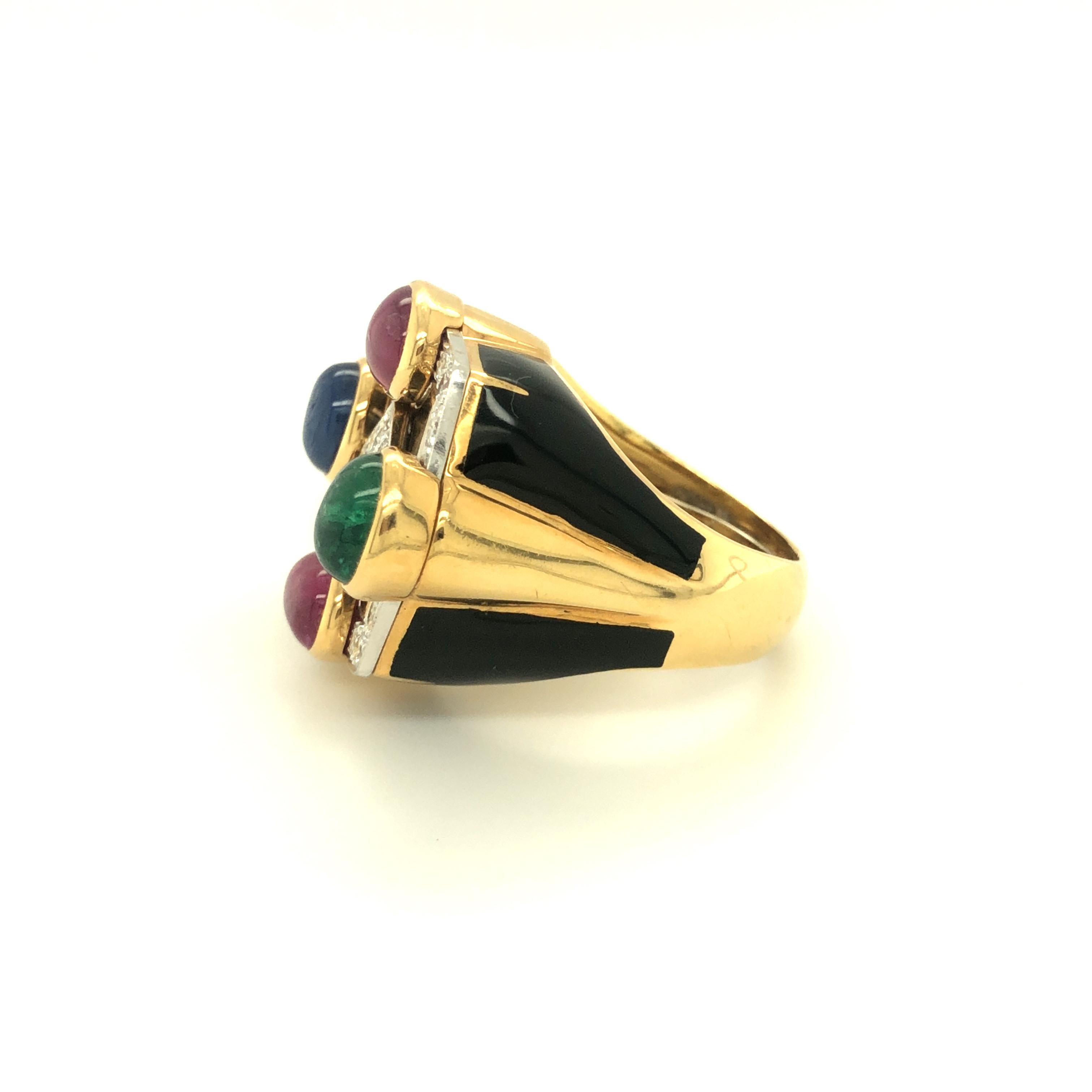 David Webb Black Enamel Ruby Emerald Sapphire Diamond Ring 18K Yellow Gold In Excellent Condition For Sale In beverly hills, CA