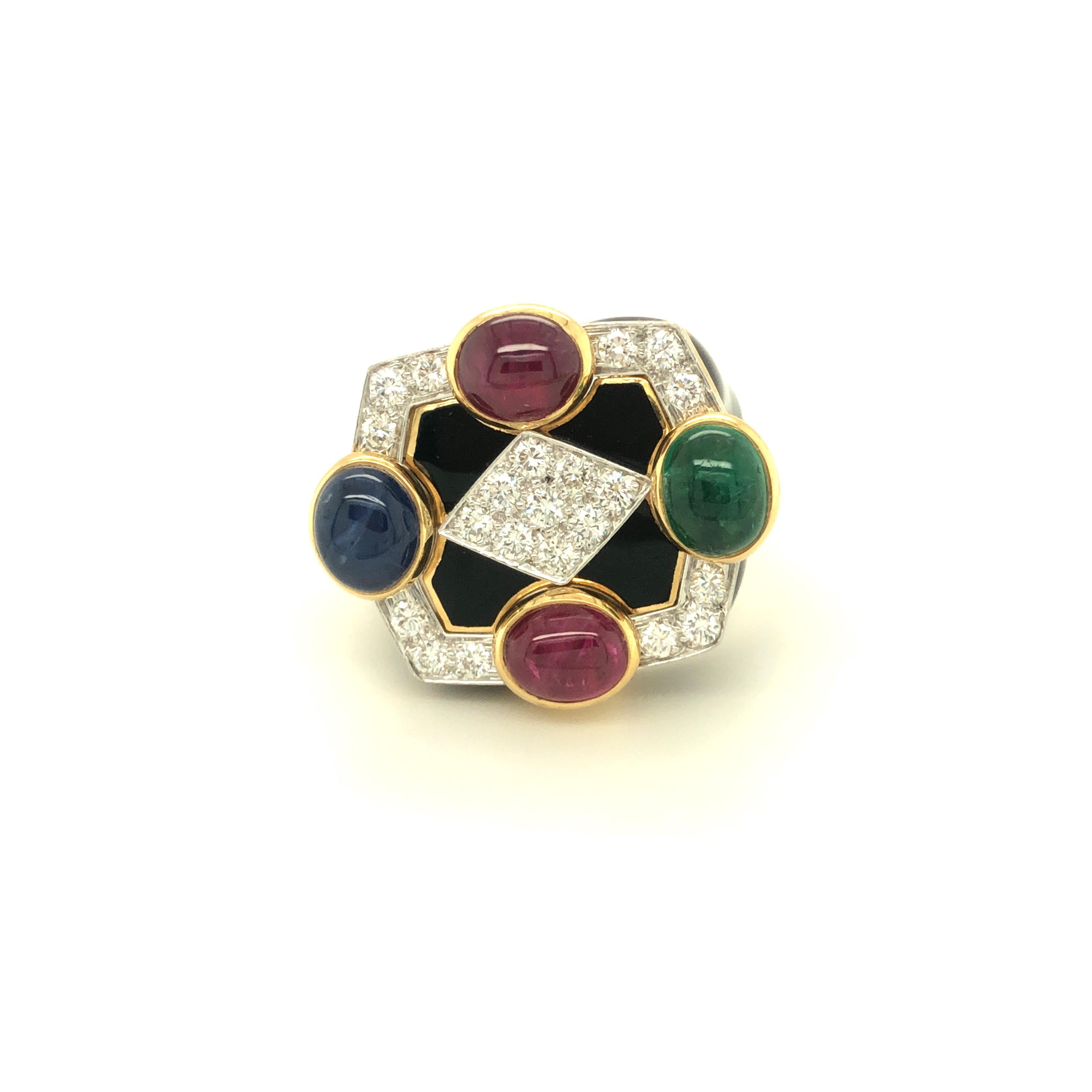 David Webb Black Enamel Ruby Emerald Sapphire Diamond Ring 18K Yellow Gold For Sale 2