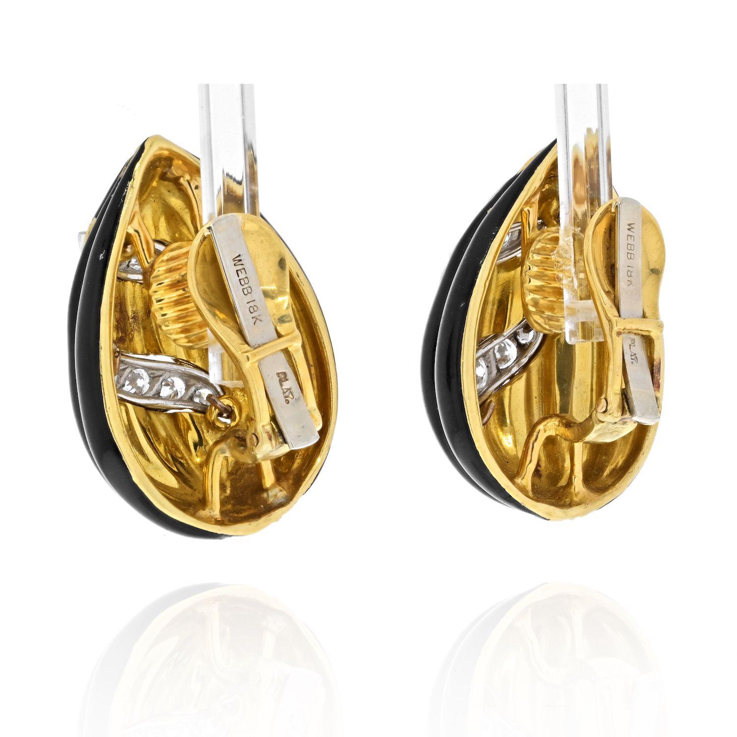 David Webb Black Enamel, Striped and Diamond Tear Drop Clip Earrings In Excellent Condition For Sale In New York, NY