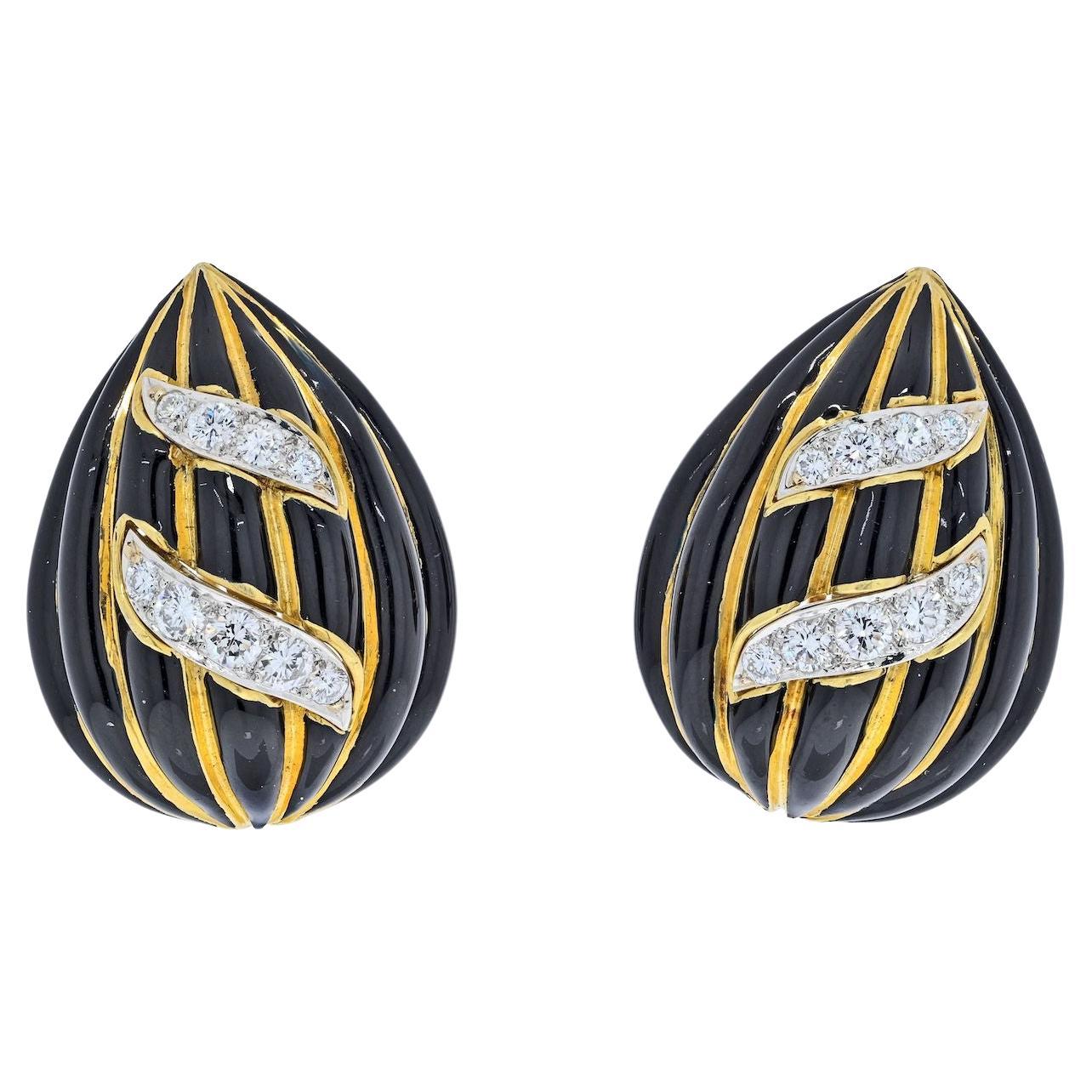 David Webb Black Enamel, Striped and Diamond Tear Drop Clip Earrings