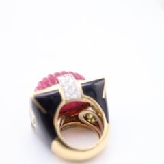 DAVID WEBB Black Enameled Cocktail Ring In 18Kt Gold With Rubellite & Diamonds