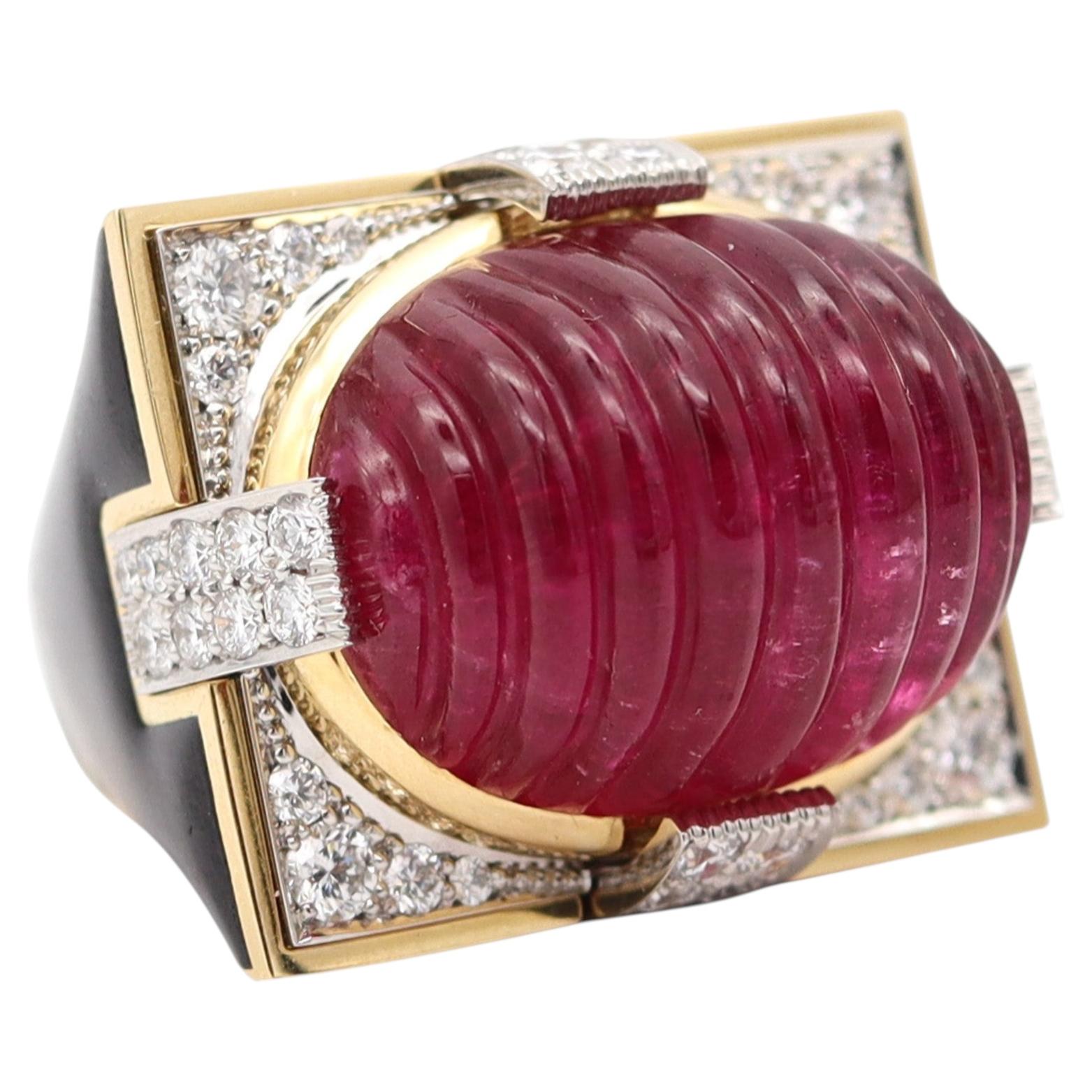 Pre-owned David Webb Black Enameled Cocktail Ring In 18kt Gold With Rubellite & Diamonds