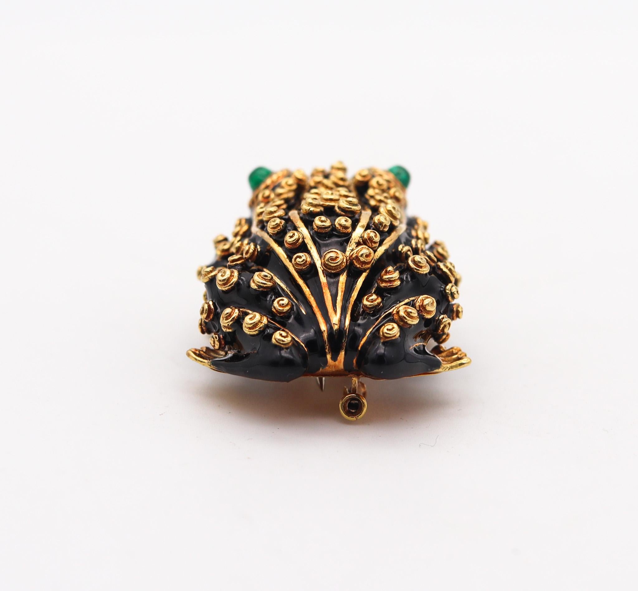Cabochon David Webb Black Enameled Frog Brooch In 18Kt Yellow Gold With Emeralds For Sale