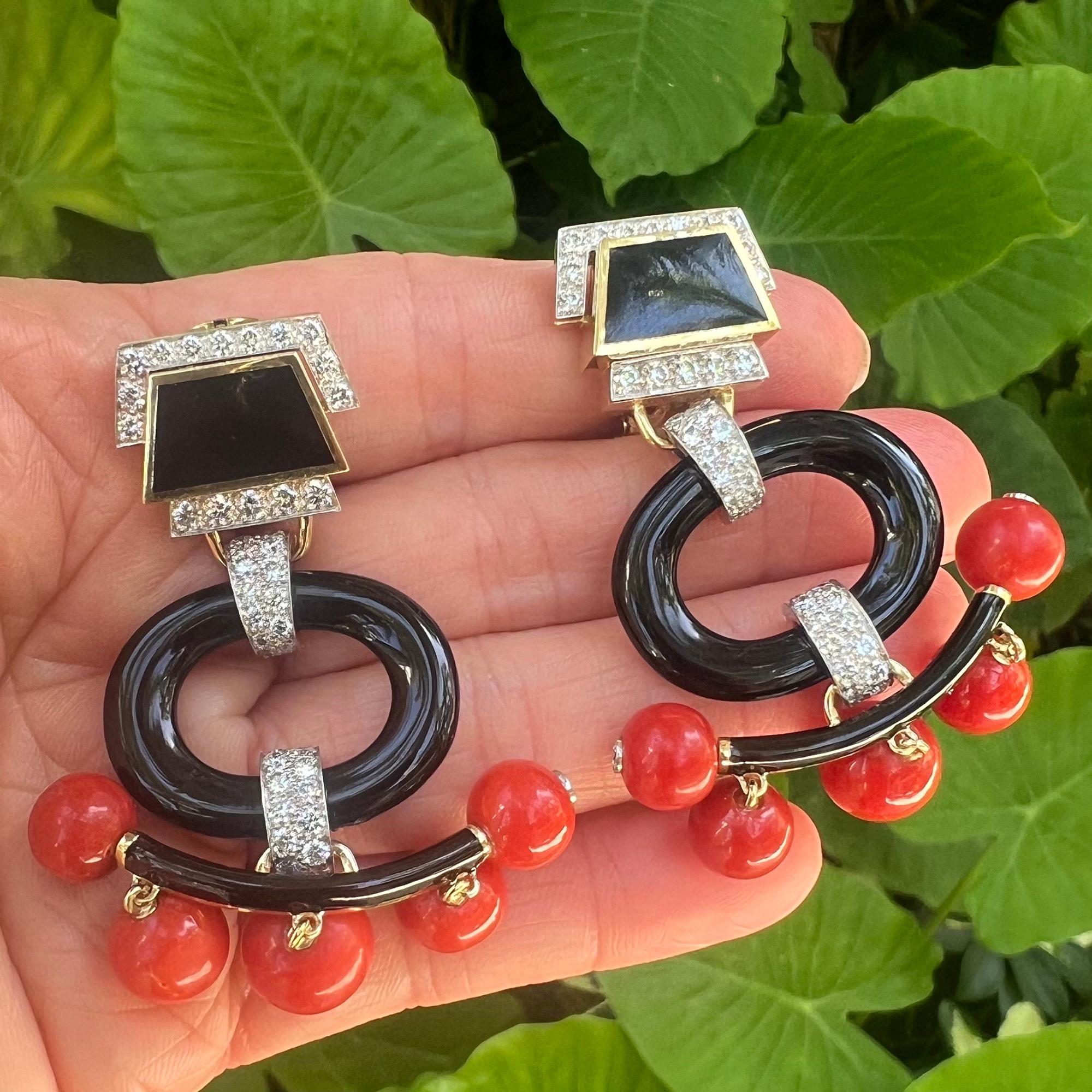 Brilliant Cut David Webb Black Onyx Coral Diamond Pagoda Earrings For Sale