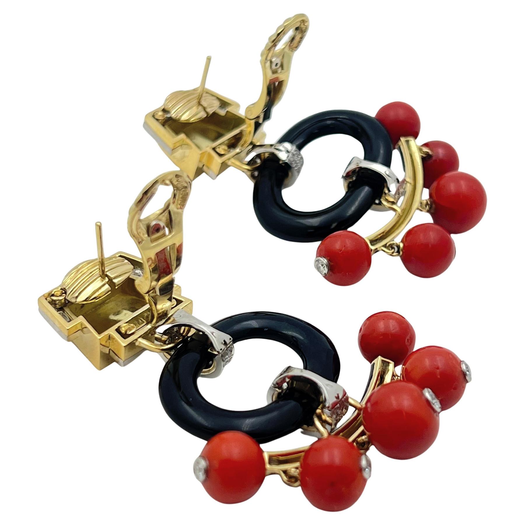 David Webb Black Onyx Coral Diamond Pagoda Earrings In Excellent Condition For Sale In Palm Beach, FL