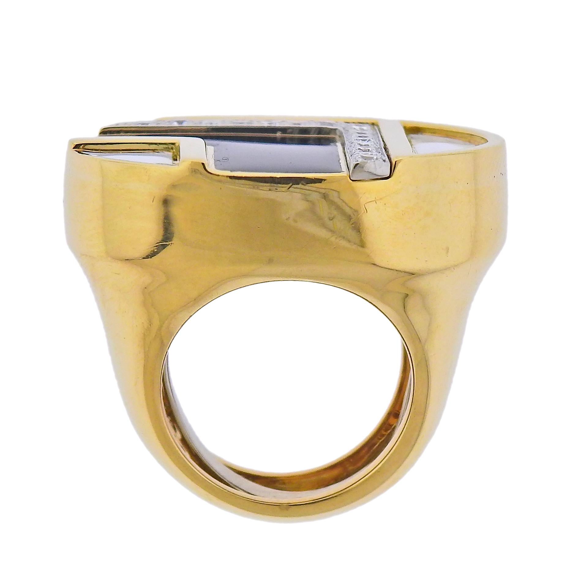 Round Cut David Webb Black White Enamel Diamond Gold Platinum Ring For Sale