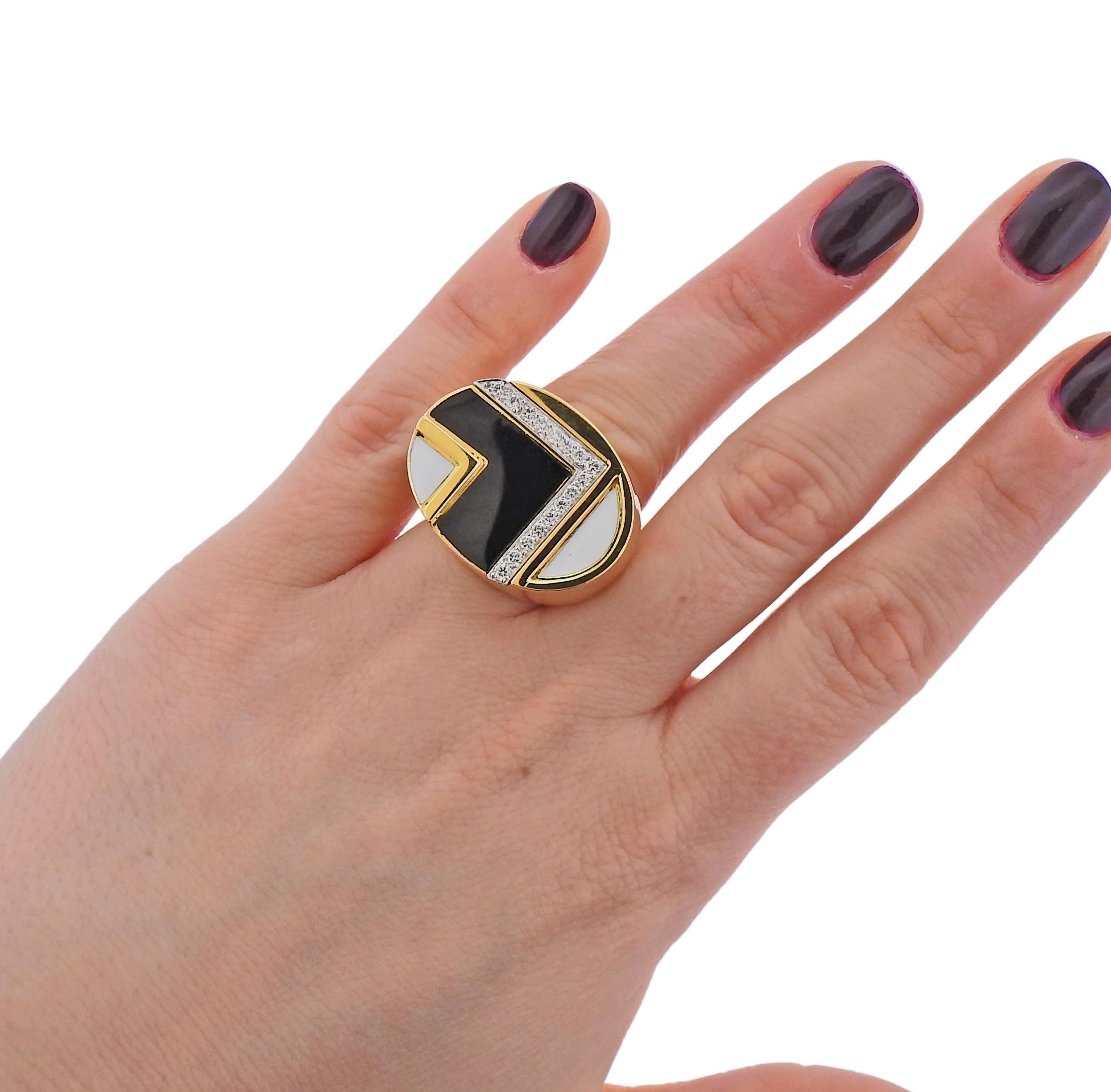 Women's David Webb Black White Enamel Diamond Gold Platinum Ring For Sale