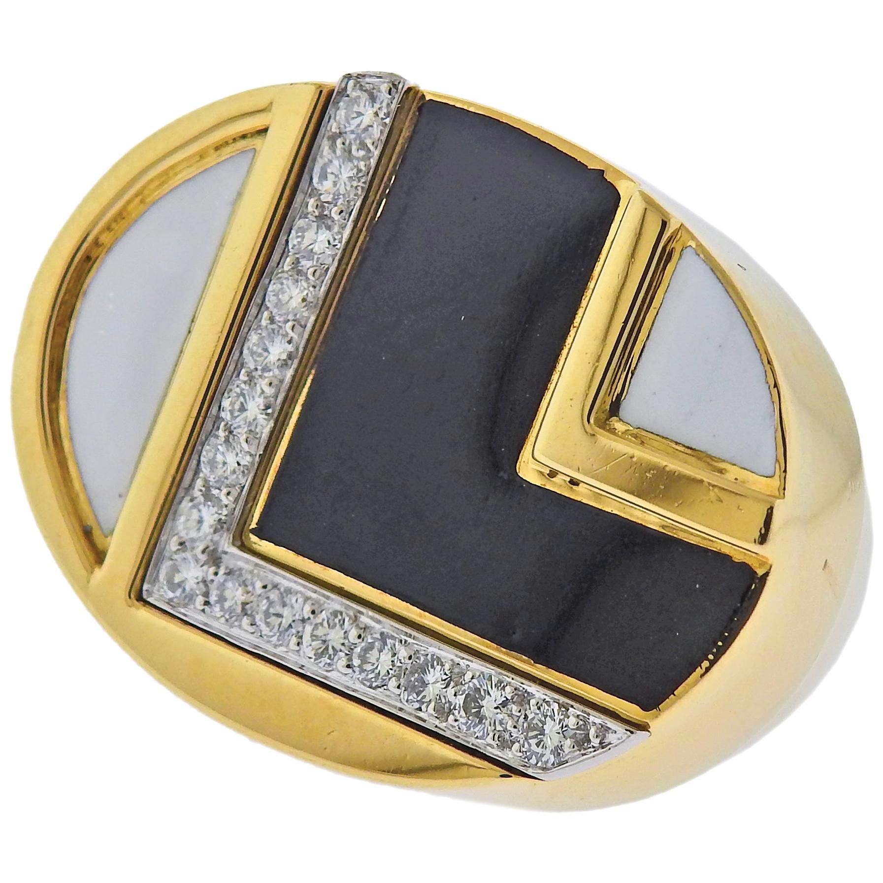 David Webb Black White Enamel Diamond Gold Platinum Ring For Sale