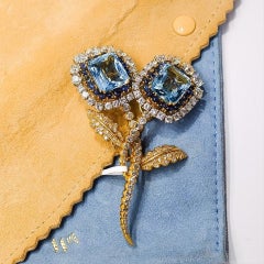 David Webb Blue Aquamarine Cabochon Sapphires Diamond Brooch Pin Also Earrings