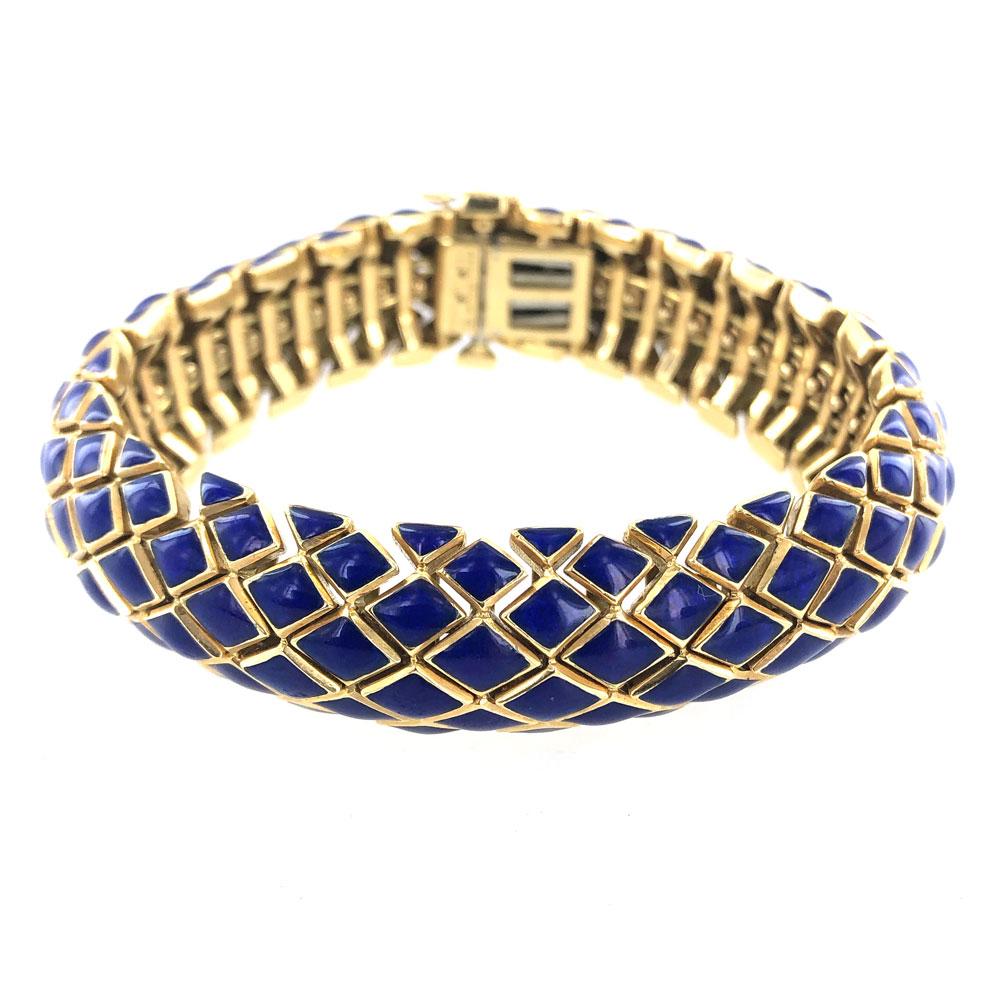 Modern David Webb Blue Enamel 18 Karat Yellow Gold Flexible Bracelet