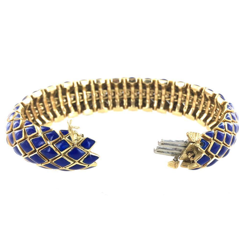 Women's David Webb Blue Enamel 18 Karat Yellow Gold Flexible Bracelet