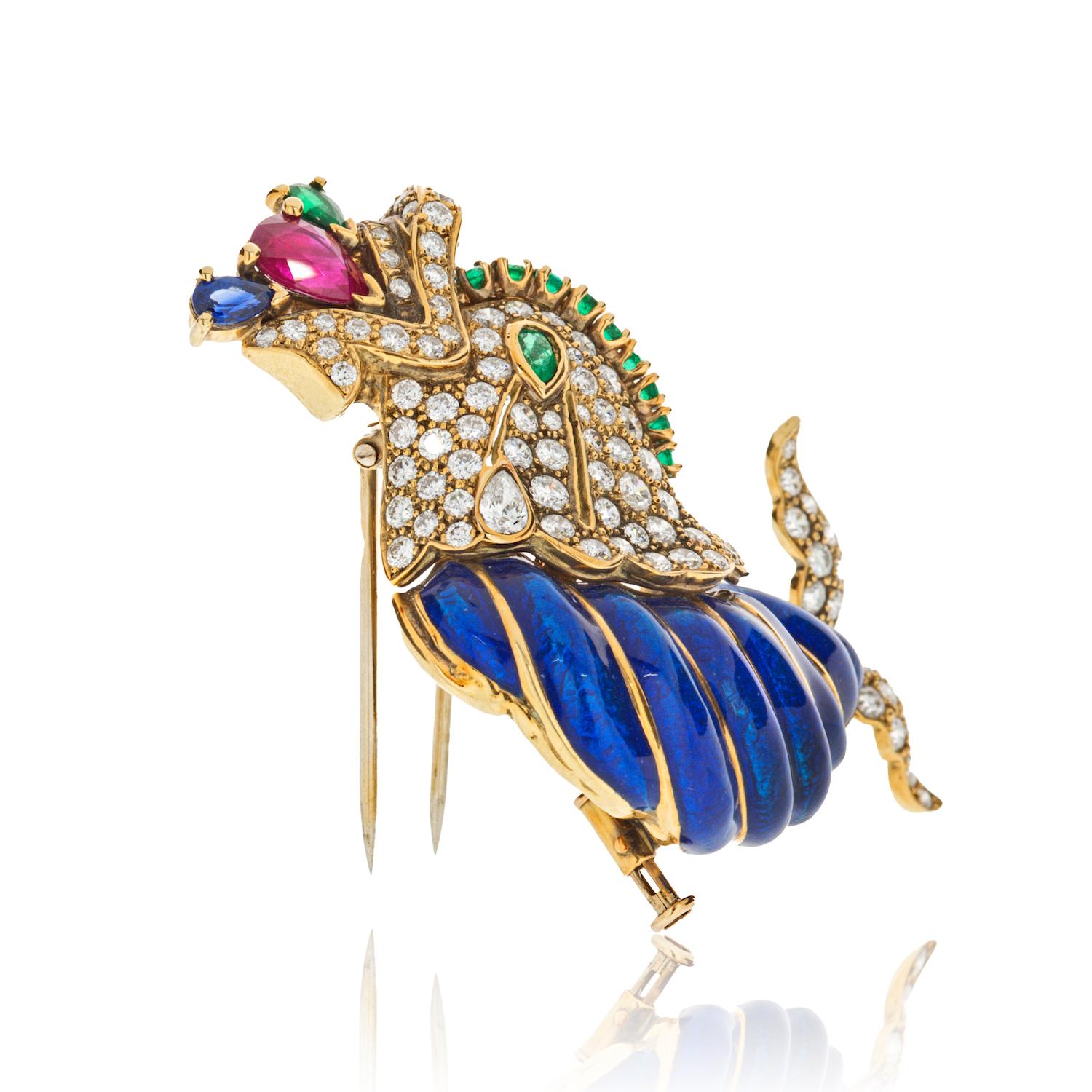 Moderne David Webb Broche coquillage en émail bleu et diamants avec épingle en forme de lion en vente