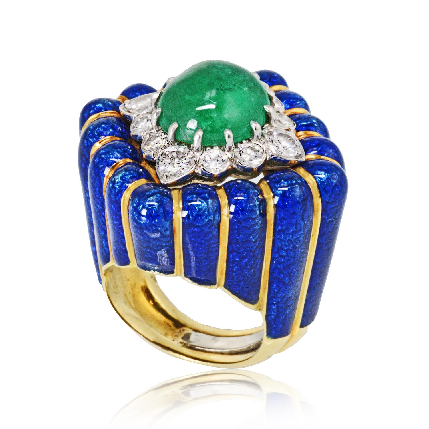 David Webb Blue Enamel and Green Cabochon Emerald Diamond Rhombus Ring 5