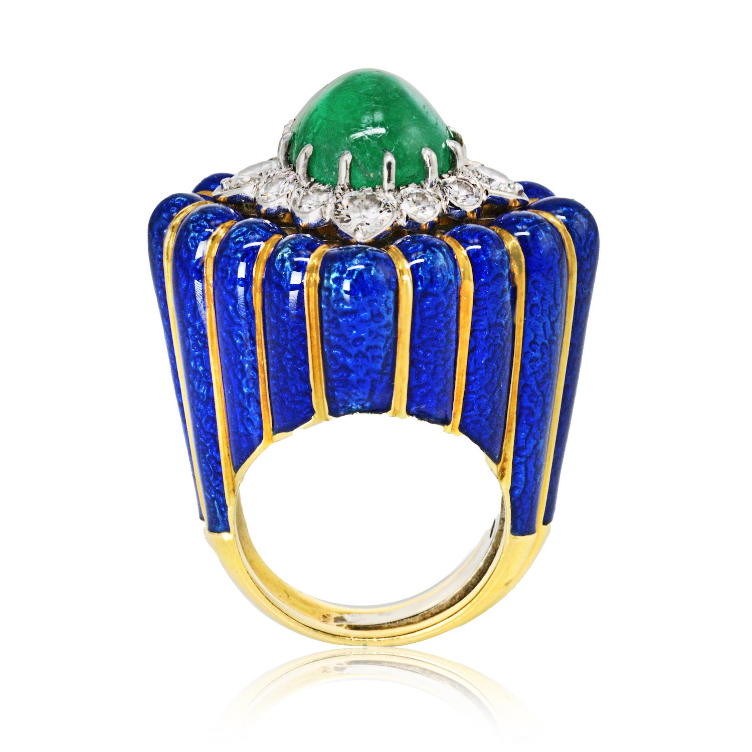 David Webb Blue Enamel and Green Cabochon Emerald Diamond Rhombus Ring 6
