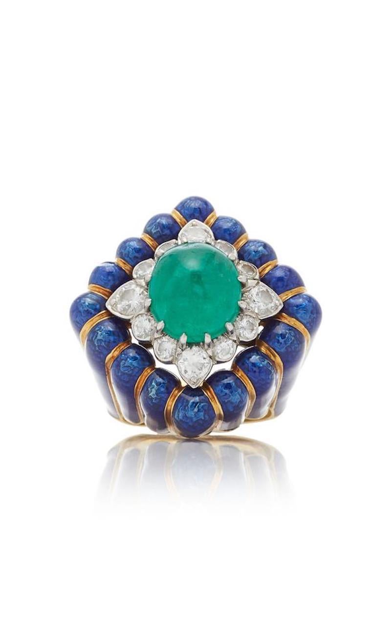 Modern David Webb Blue Enamel and Green Cabochon Emerald Diamond Rhombus Ring