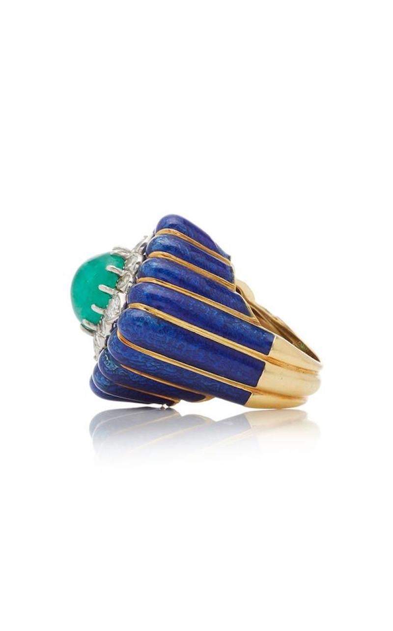 David Webb Blue Enamel and Green Cabochon Emerald Diamond Rhombus Ring In Excellent Condition In New York, NY