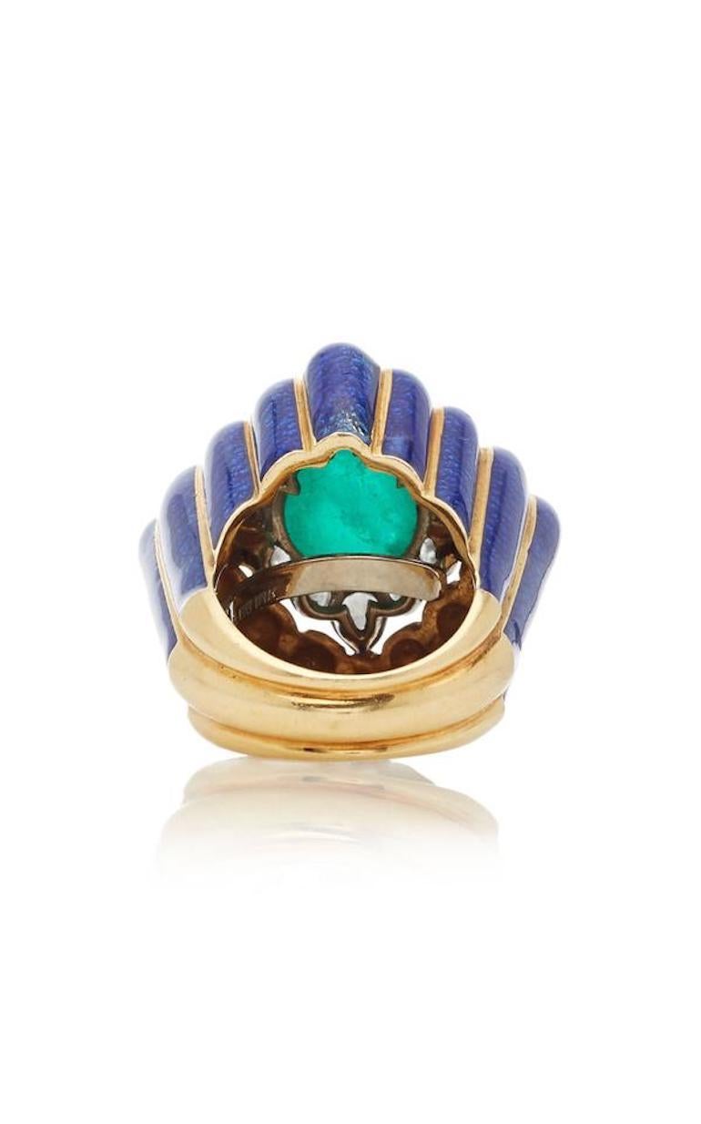 Women's David Webb Blue Enamel and Green Cabochon Emerald Diamond Rhombus Ring