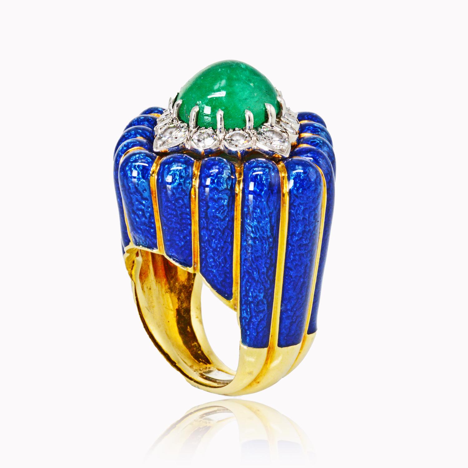 David Webb Blue Enamel and Green Cabochon Emerald Diamond Rhombus Ring 4