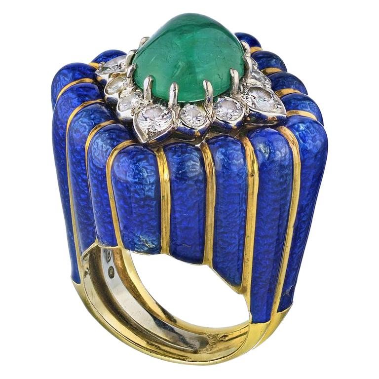 David Webb Blue Enamel and Green Cabochon Emerald Diamond Rhombus Ring