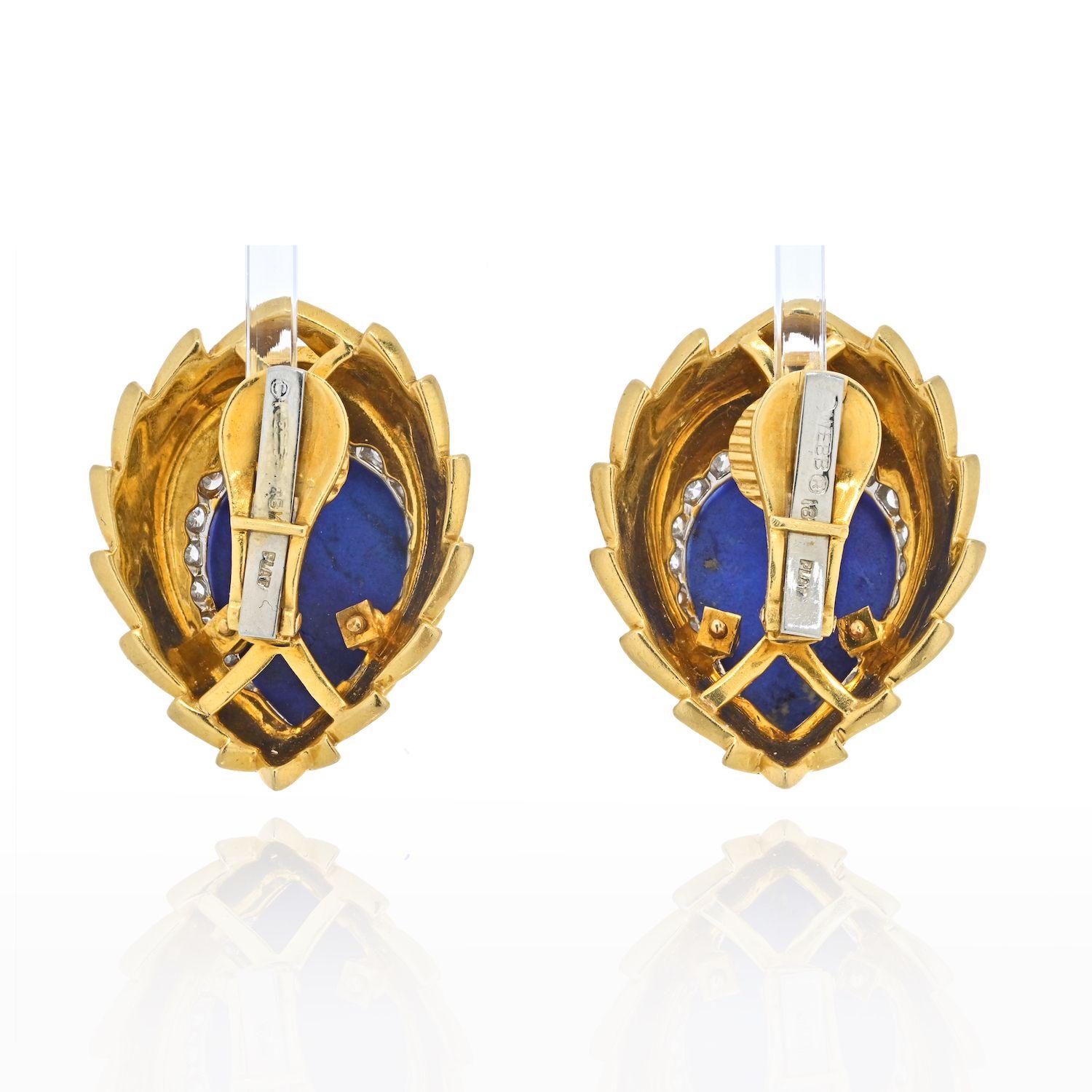 Round Cut David Webb Blue Lapis, Diamonds and White Enamel Earrings For Sale