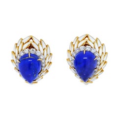 Pendientes David Webb de lapislázuli azul, diamantes y esmalte blanco