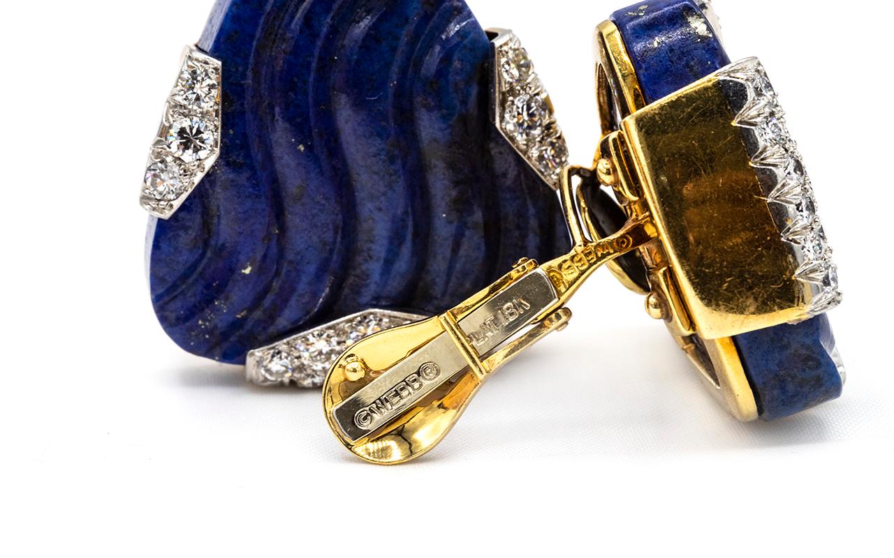 Modern David Webb Blue Lapis Lazuli Diamond Clip-On in 18k Gold and Platinum Earrings For Sale