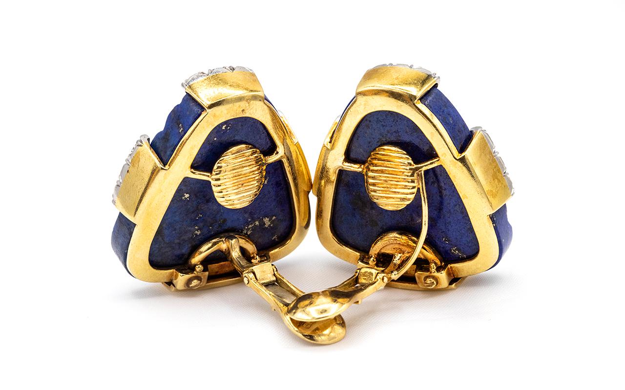 David Webb Blue Lapis Lazuli Diamond Clip-On in 18k Gold and Platinum Earrings In Excellent Condition For Sale In New York, NY