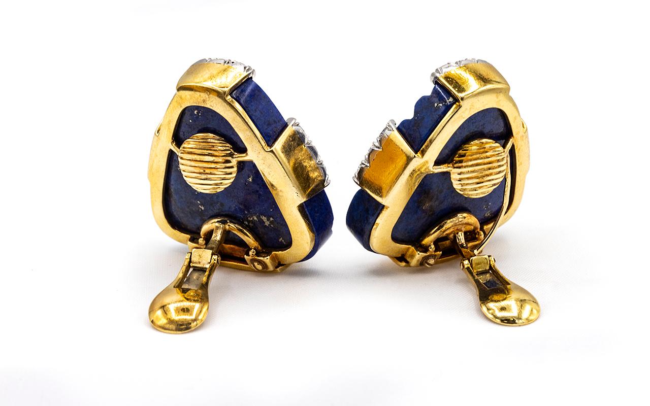 Women's David Webb Blue Lapis Lazuli Diamond Clip-On in 18k Gold and Platinum Earrings For Sale
