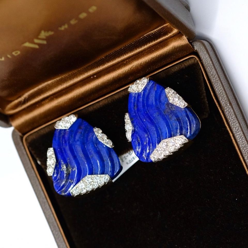 David Webb Blue Lapis Lazuli Diamond Clip-On in 18k Gold and Platinum Earrings For Sale 1