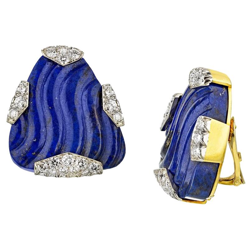 David Webb Blue Lapis Lazuli Diamond Clip-On in 18k Gold and Platinum Earrings For Sale