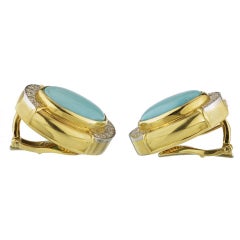 David Webb Blue Turquoise Diamond Gold Platinum Oval Earrings