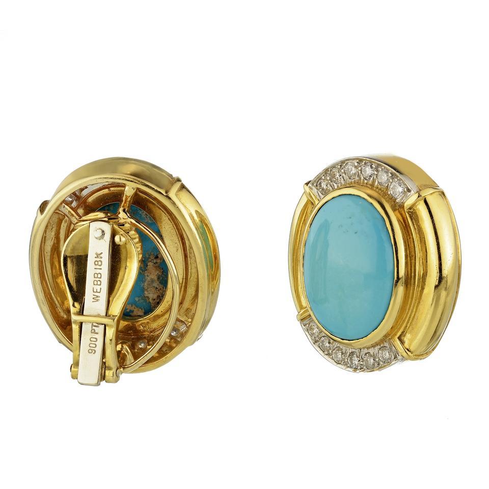 Moderne David Webb Boucles d'oreilles ovales en or et platine avec turquoises bleues et diamants en vente