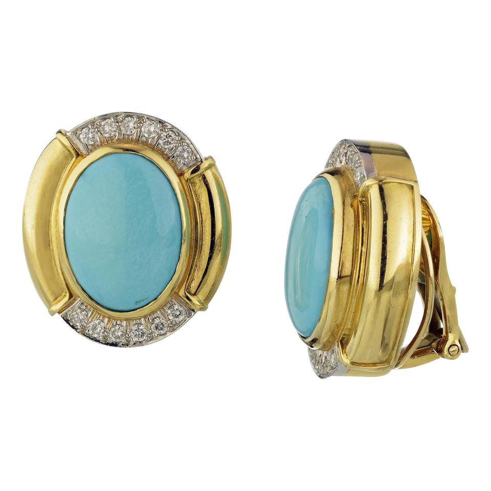 David Webb Blue Turquoise Diamond Gold Platinum Oval Earrings For Sale