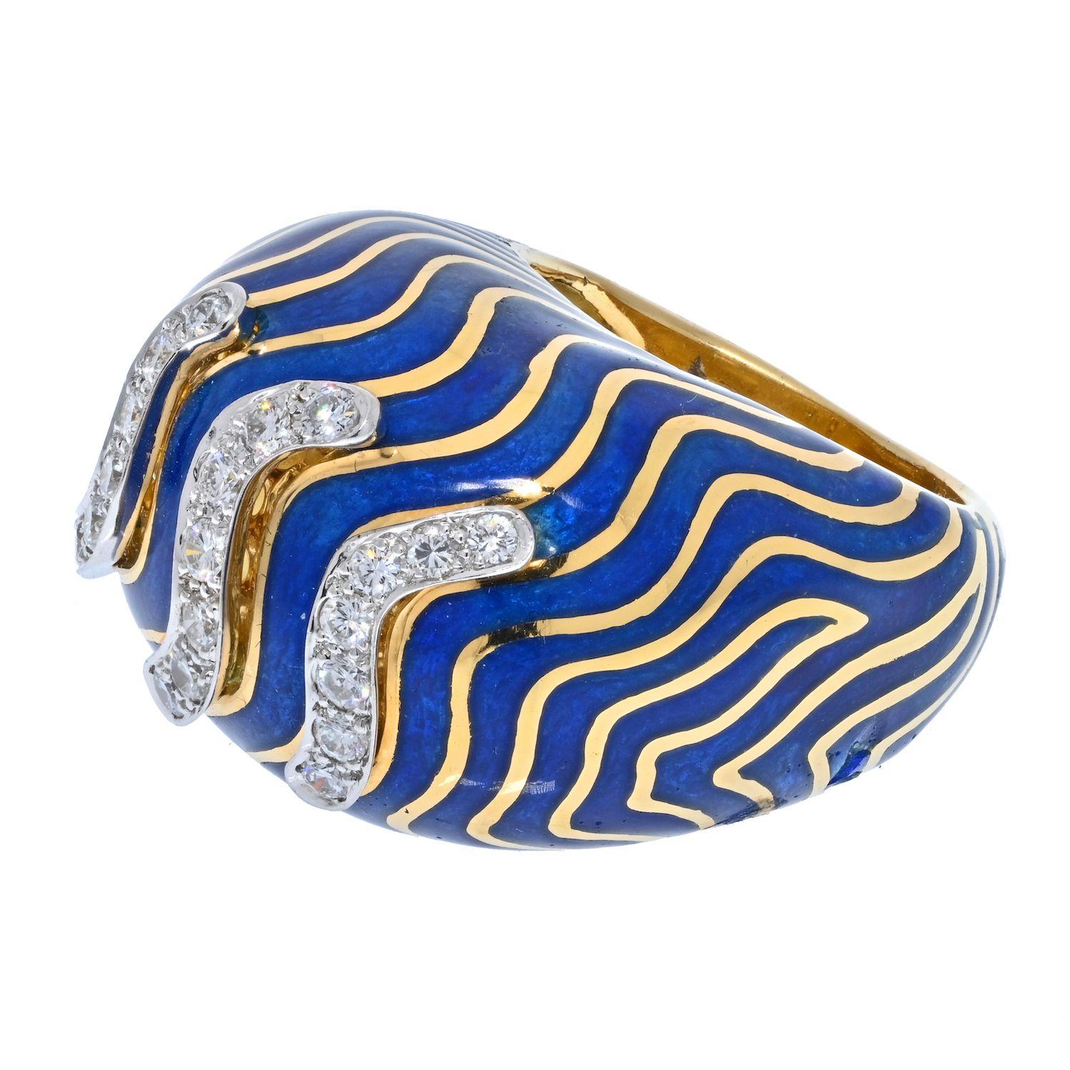 This is a lovely bombe style ring by David Webb designed with blue enameled striped pattern and a touch of round cut diamonds on the top. Perfect cocktail ring to be out and about. You will love the wavy blue enamel top and approx. 0.42ctw in
