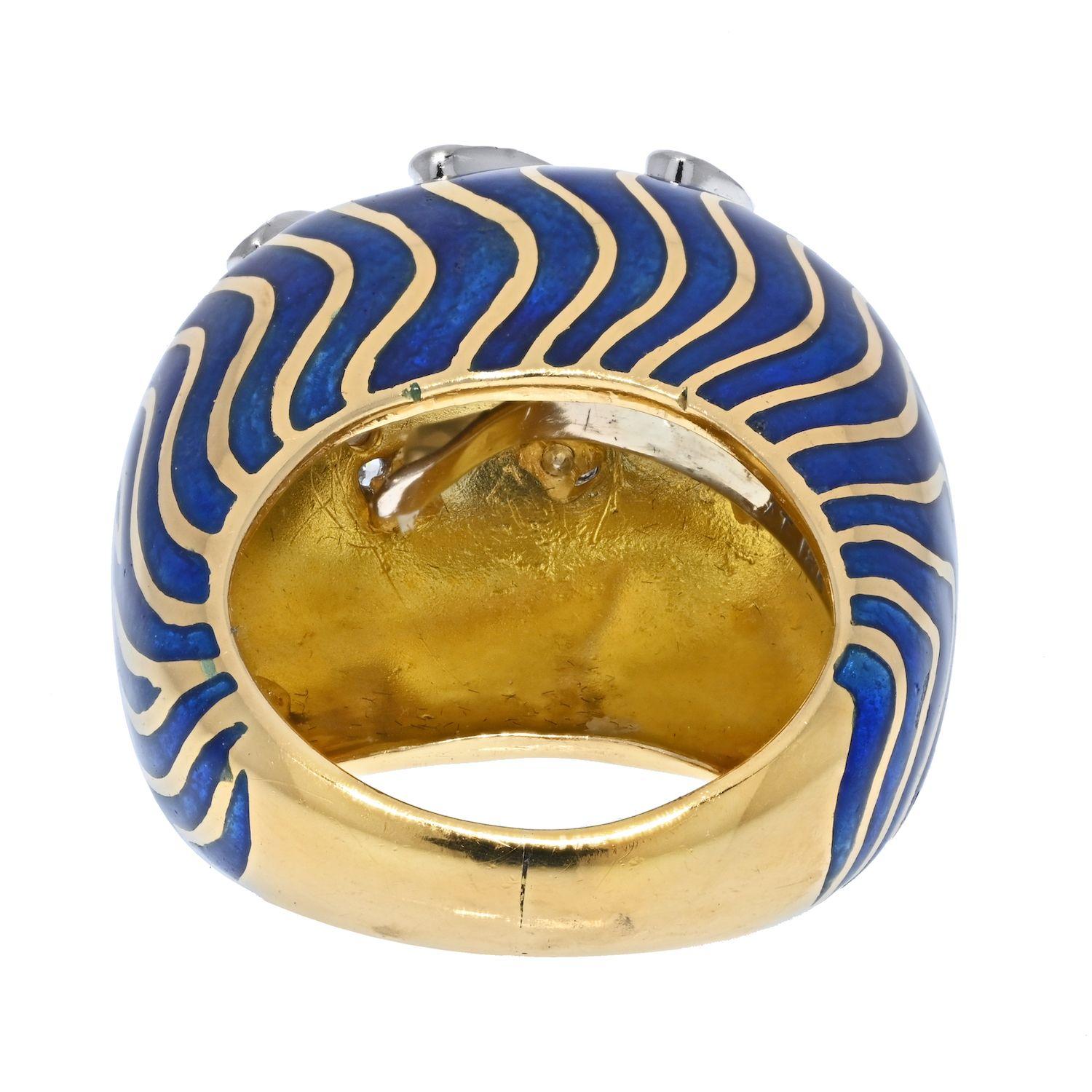 Modern David Webb Bombe 18K Yellow Gold & Platinum Diamond Blue Enamel Ring For Sale