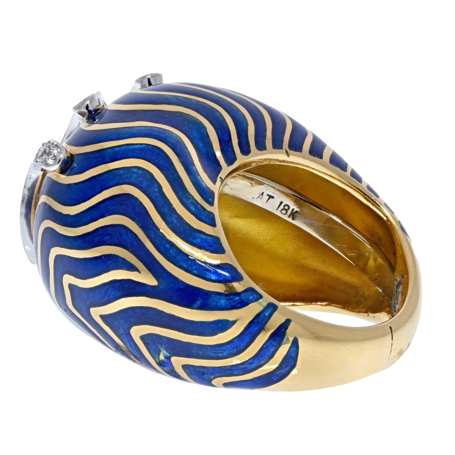 Round Cut David Webb Bombe 18K Yellow Gold & Platinum Diamond Blue Enamel Ring For Sale