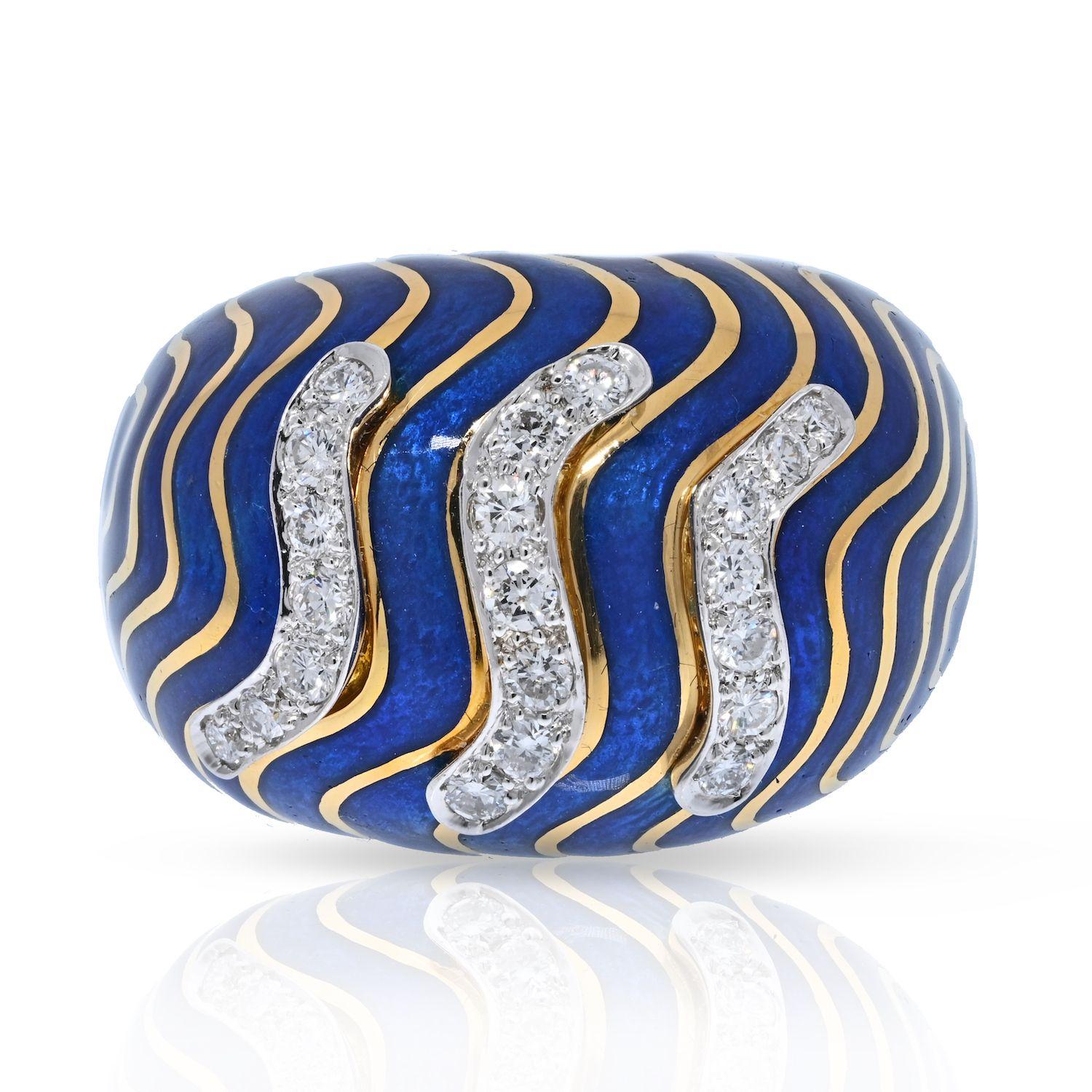 David Webb Bombe 18K Yellow Gold & Platinum Diamond Blue Enamel Ring In Excellent Condition For Sale In New York, NY