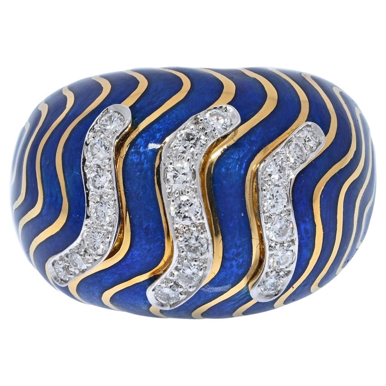 David Webb Bombe 18K Yellow Gold & Platinum Diamond Blue Enamel Ring For Sale