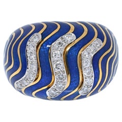 David Webb Bombe 18K Yellow Gold & Platinum Diamond Blue Enamel Ring