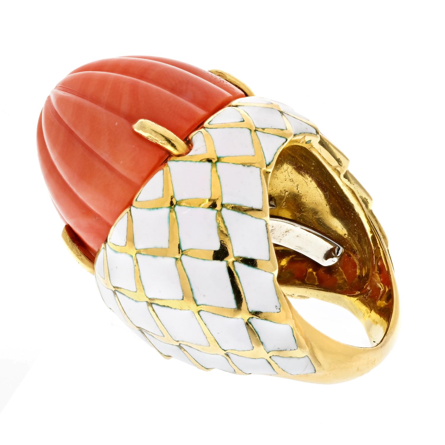Cabochon David Webb Bombe Platinum & 18k Yellow Gold Carved Coral White Enamel Ring For Sale